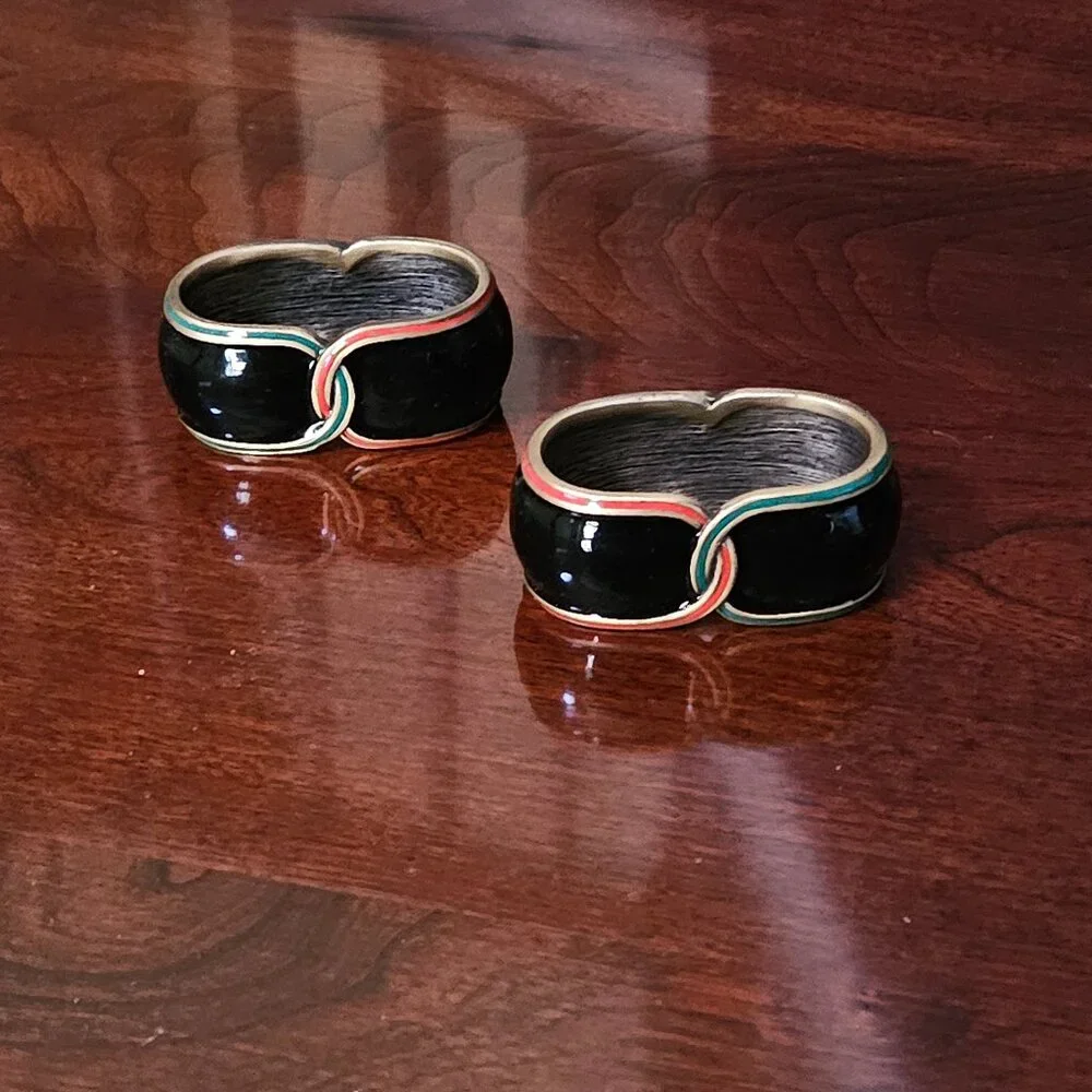 2 VINTAGE JAY STRONGWATER ART DECO CHINOISERIE SCROLL CRYSTAL ENAMEL NAPKIN RING